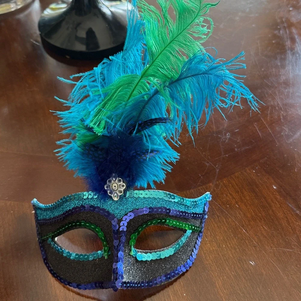Colorful Feathered Masquerade Mask turquoise green cobalt blue sequined feathers